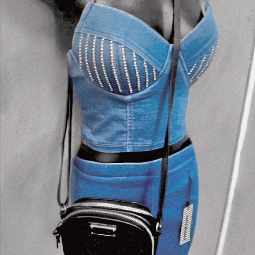 Haute Monde Denim Rhinestone Crop Top & Skirt - Picture 7 of 15